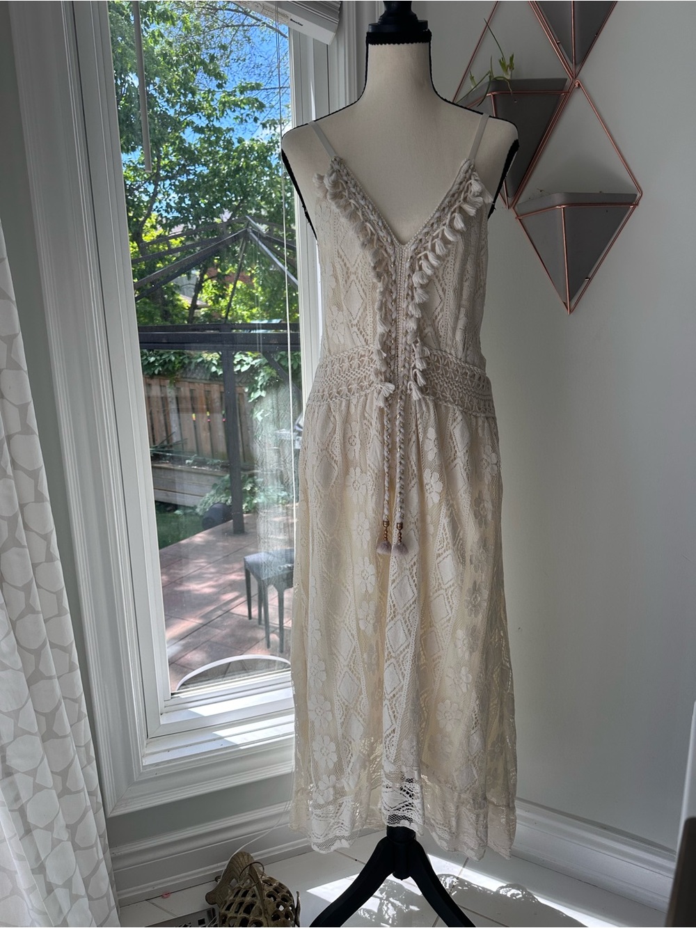 HANDMADE Boho Lace Midi Maxi Dress Cream White V-Neck Slip Dress Bohemian Size L